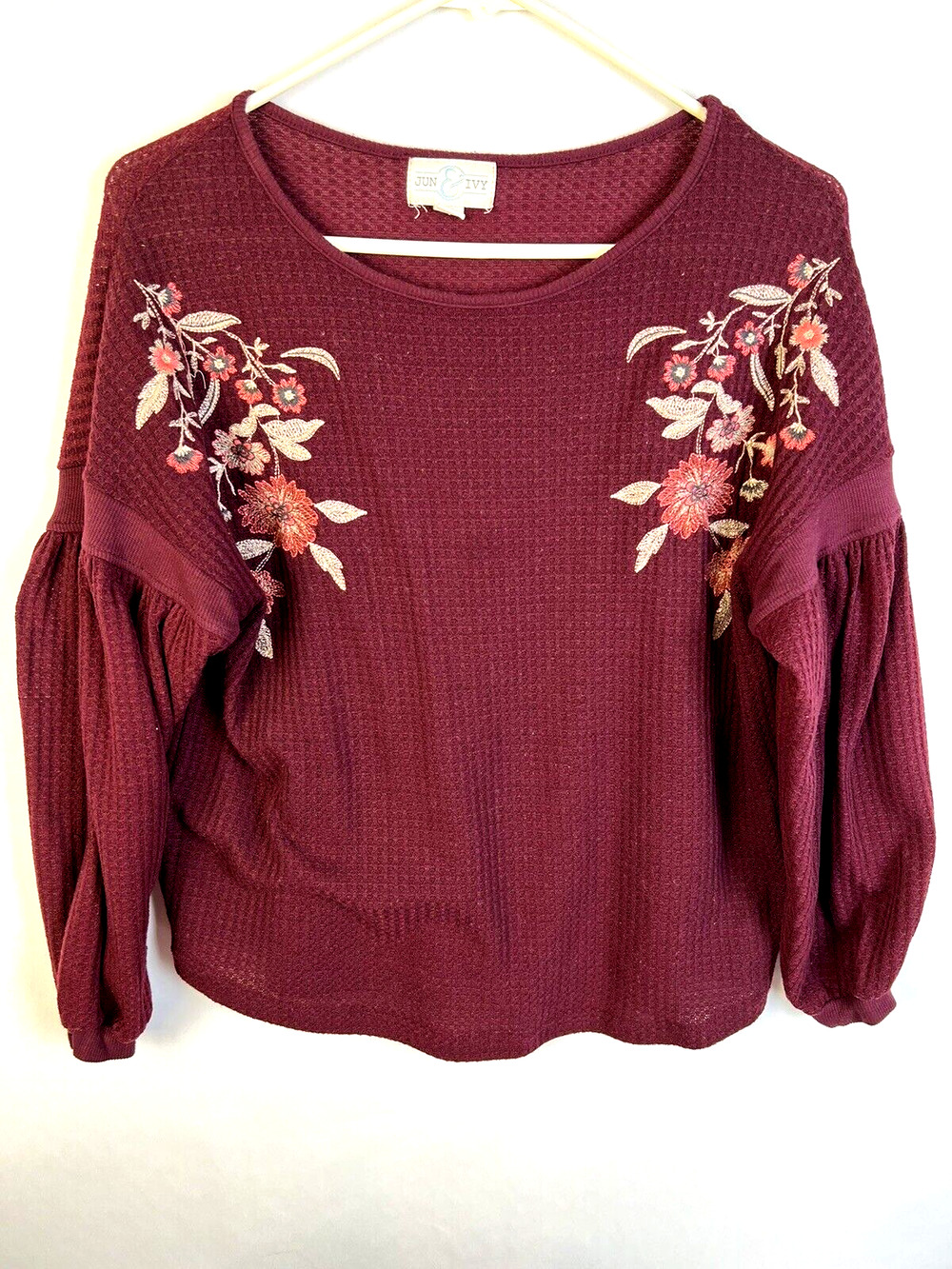 Waffle Weave Top Women's XS Burgundy Embroidered 3/4 Sleeve Boho Knit Jun & Ivy